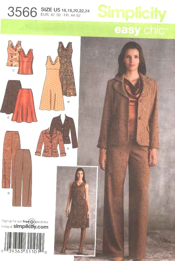 Simplicity Sewing Pattern 3566 Misses Size 16-18-20-22-24 Easy Wardrobe Dress Jacket Top Skirt Pants