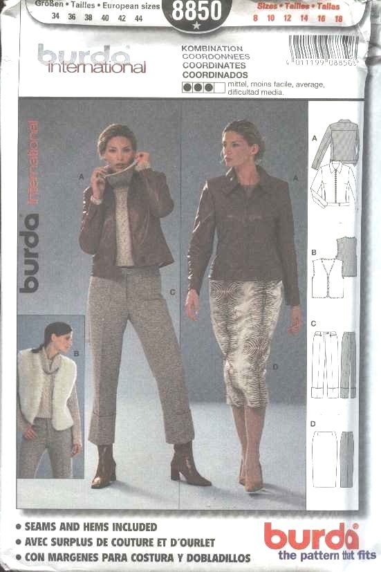 Burda Sewing Pattern 8850 Misses Sizes 8-18 Wardrobe Jacket Vest Pants Skirt