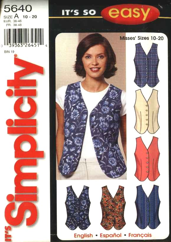 Simplicity Sewing Pattern 5640 Misses Size 10-20 Lined Button Front Vests