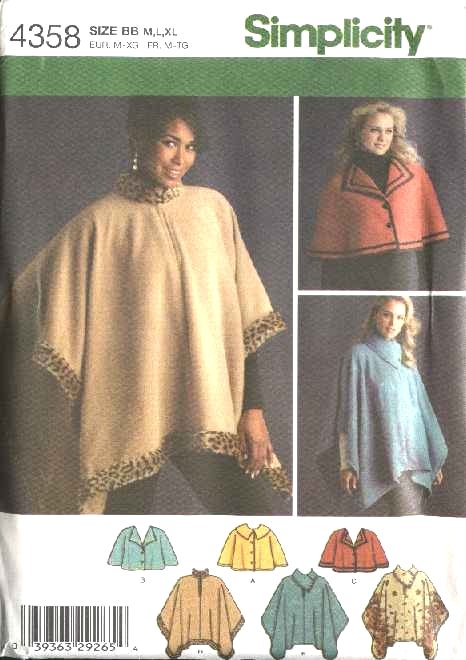 Simplicity Sewing Pattern 4358 Misses Size 6-16 Fleece Capelets Poncho