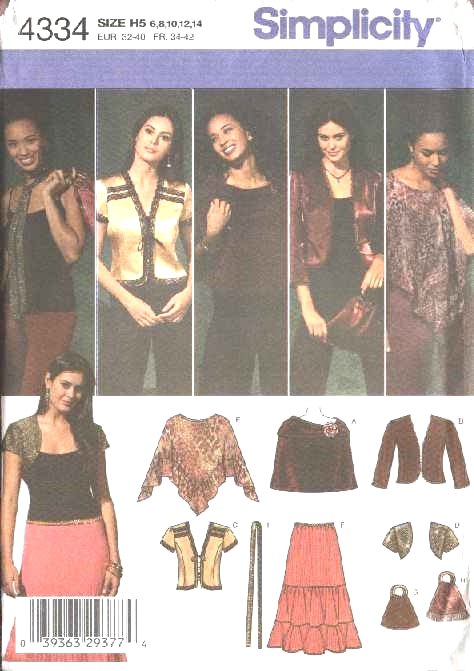 Simplicity Sewing Pattern 4334 0594 0743 Misses Size 6-14 Boho Wardrobe Skirt Jacket Shrug Poncho
