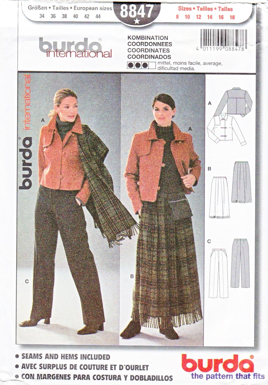 Burda Sewing Pattern 8847 Misses Sizes 8-18 Wardrobe Jacket Skirt Pants
