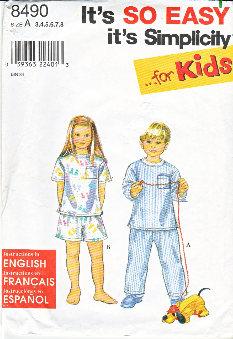 Simplicity Sewing Pattern 8490 Girls Boys size 3-8 Easy Pajamas Tops Shorts Long Pants Pyjamas