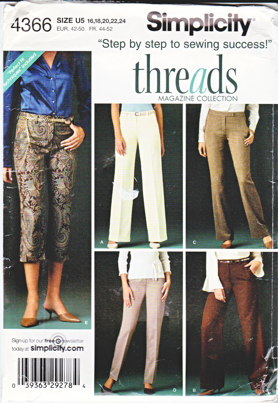 Simplicity Sewing Pattern 4366 Misses Size 16-24 Threads Magazine Collection Fitted Pants Capris