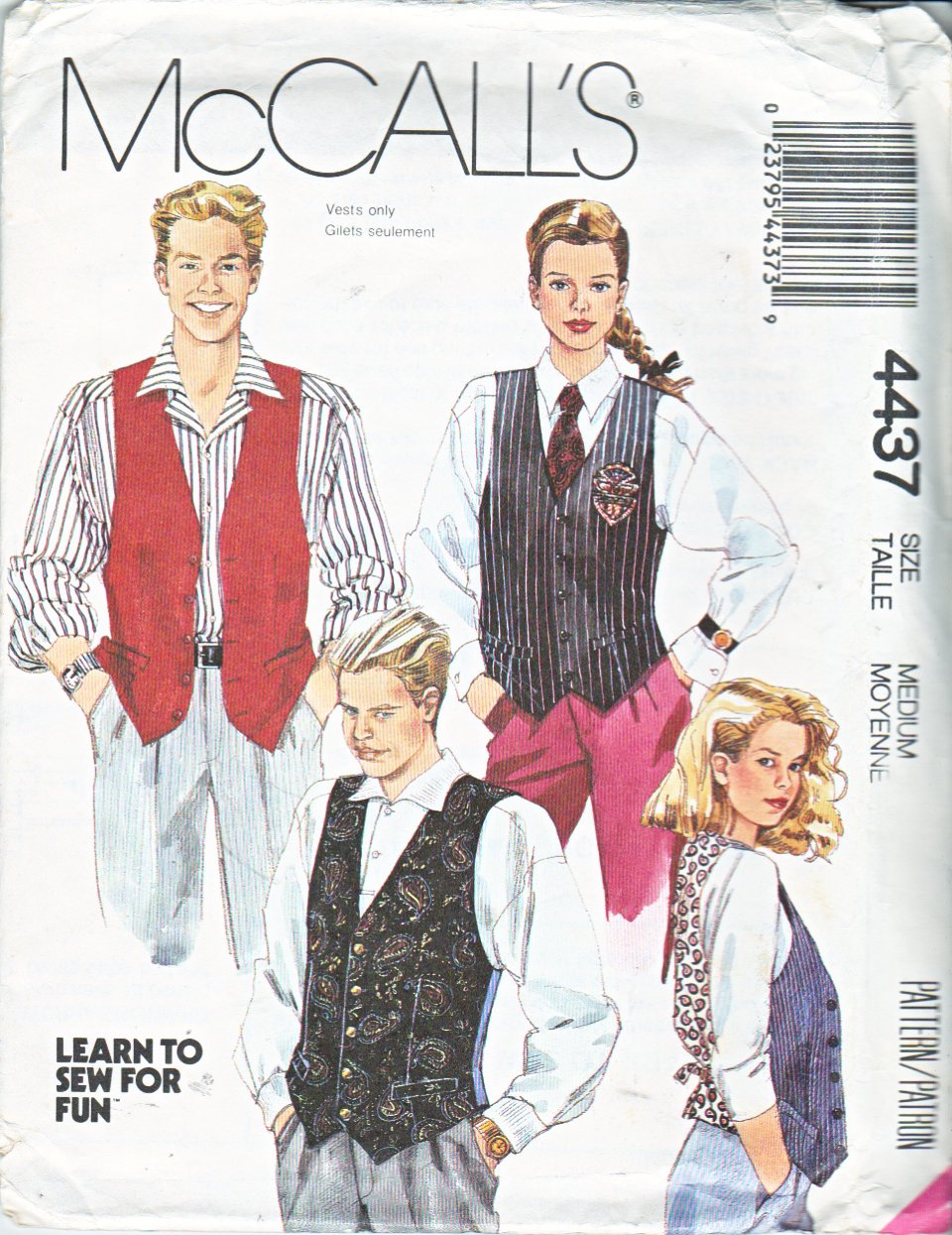 McCalls Sewing Pattern 4437 M4437 Misses Mens Chest Size 36-38" Unisex Button Front Lined Vest