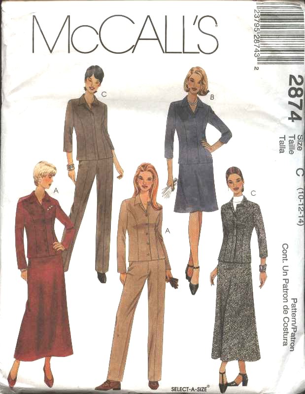 McCall's Sewing Pattern 2874 M2874 Misses Size 10-14 Classic Jacket Pants Long Short A-Line Skirt