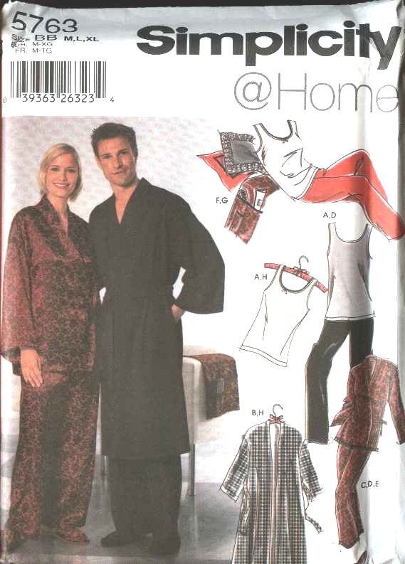 Simplicity Sewing Pattern 5763 Misses Mens Size M-XL Robe Pajamas Pants Knit Tank Top Slippers