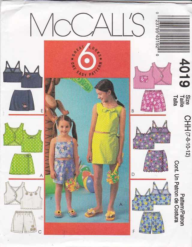 McCall's Sewing Pattern 4019 M4019 Girls Size 7-12 Easy Summer Play Clothes Tops Short Skorts