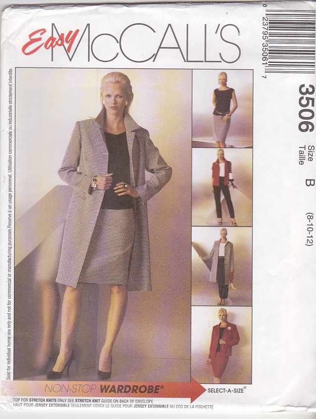 McCall's Sewing Pattern 3506 M3506 Misses Size 8-12 Easy Wardrobe Coat Jacket Top Pants Skirt