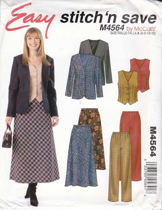 McCall’s Sewing Pattern 4564 Misses Size 10-16 Easy Wardrobe Lined Jacket Vest Pants Bias Skirt