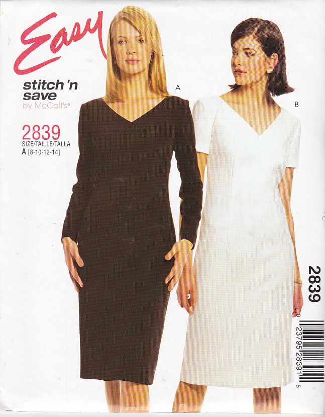 McCall's Sewing Pattern 2839 M2839 Misses Size 8-14 Easy Straight Short Long Sleeve Dress