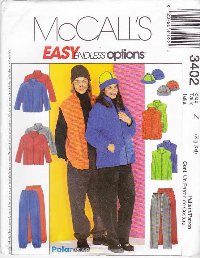 McCall's Sewing Pattern 3402 M3402 Misses Mens Chest Size 42-48" Easy Jacket Vest Pants Hat