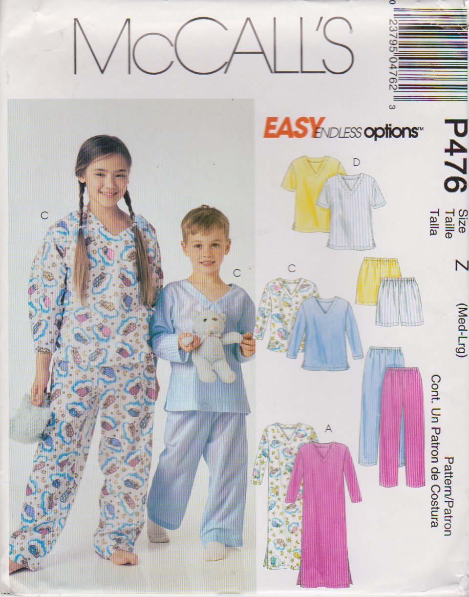 McCall's Sewing Pattern P476 MP476 4278 Boys Girls Size 7-12 Pajamas Nightshirt Top Pants Shorts
