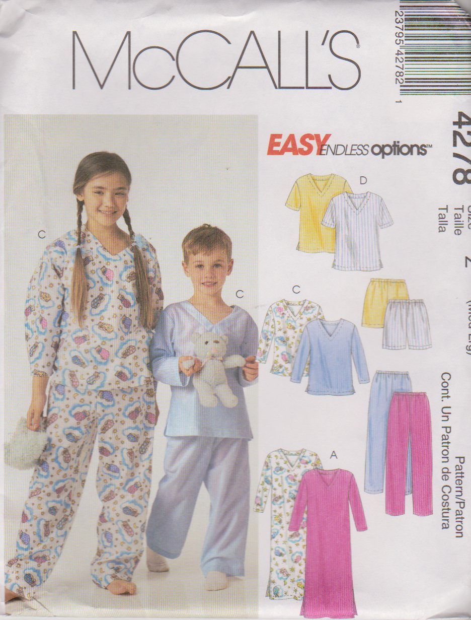 McCall's Sewing Pattern 4278 M4278 P302 P476 Boys Girls Size 7-12 Easy Nightshirt Pajamas Tops Pants