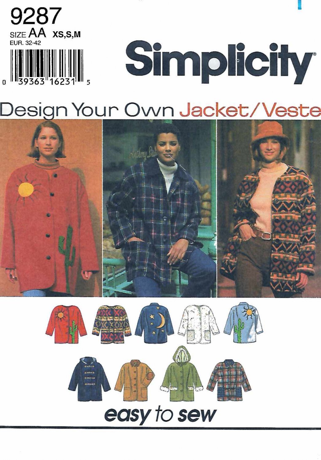 Simplicity Sewing Pattern 9287 Misses Sizes 6-16 Button Front Jacket Optional Hood Applique