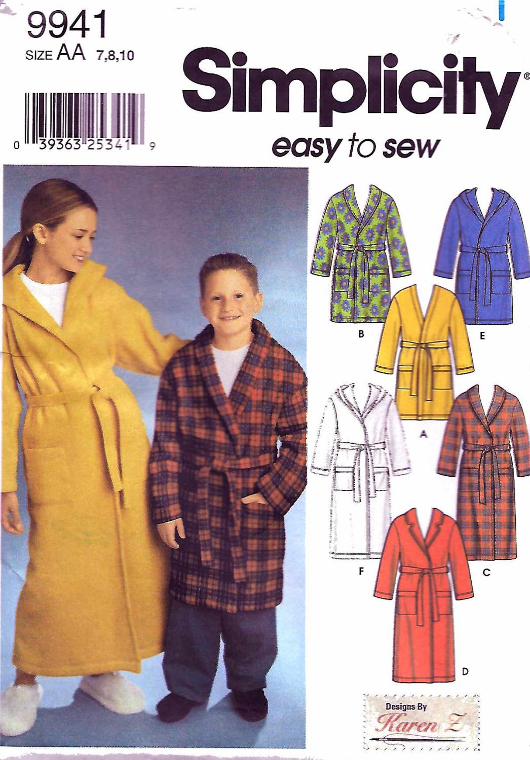 Simplicity Sewing Pattern 9941 Boys Girls Size 7-8-10 Wrap Front Hooded Bath Robes