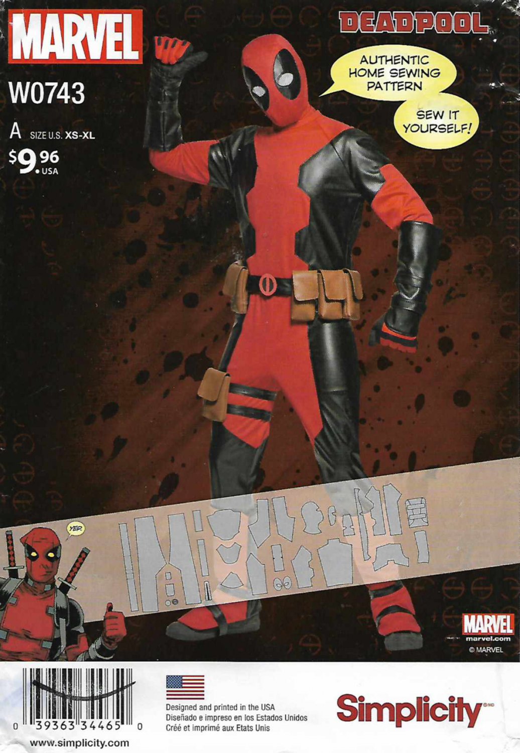 Simplicity Sewing Pattern W0743 0743 8236 Men's Chest Size 30-48" Marvel Comics Deadpool Costume