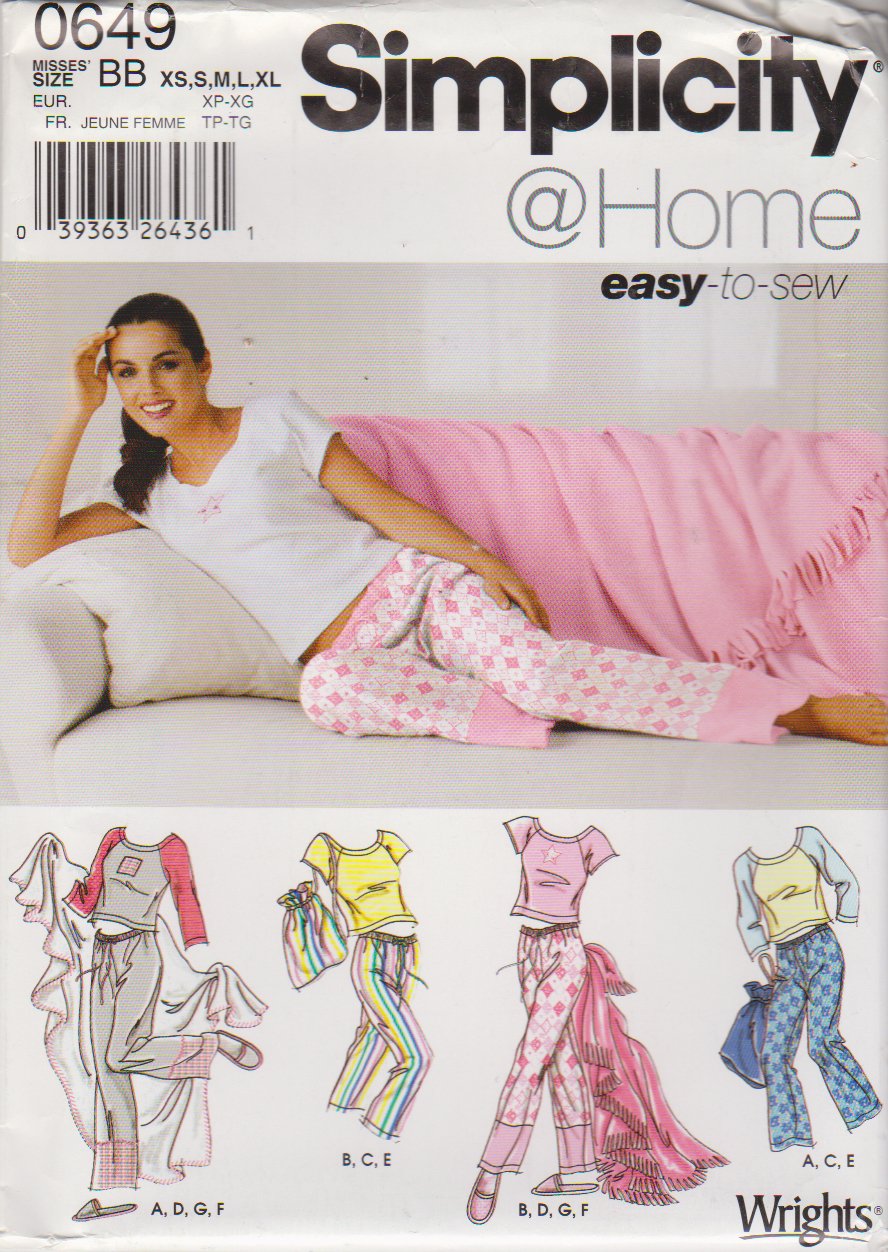 Simplicity Sewing Pattern 0649 Misses Size XS-XL Pajamas Pants Slippers Top Blanket Bag