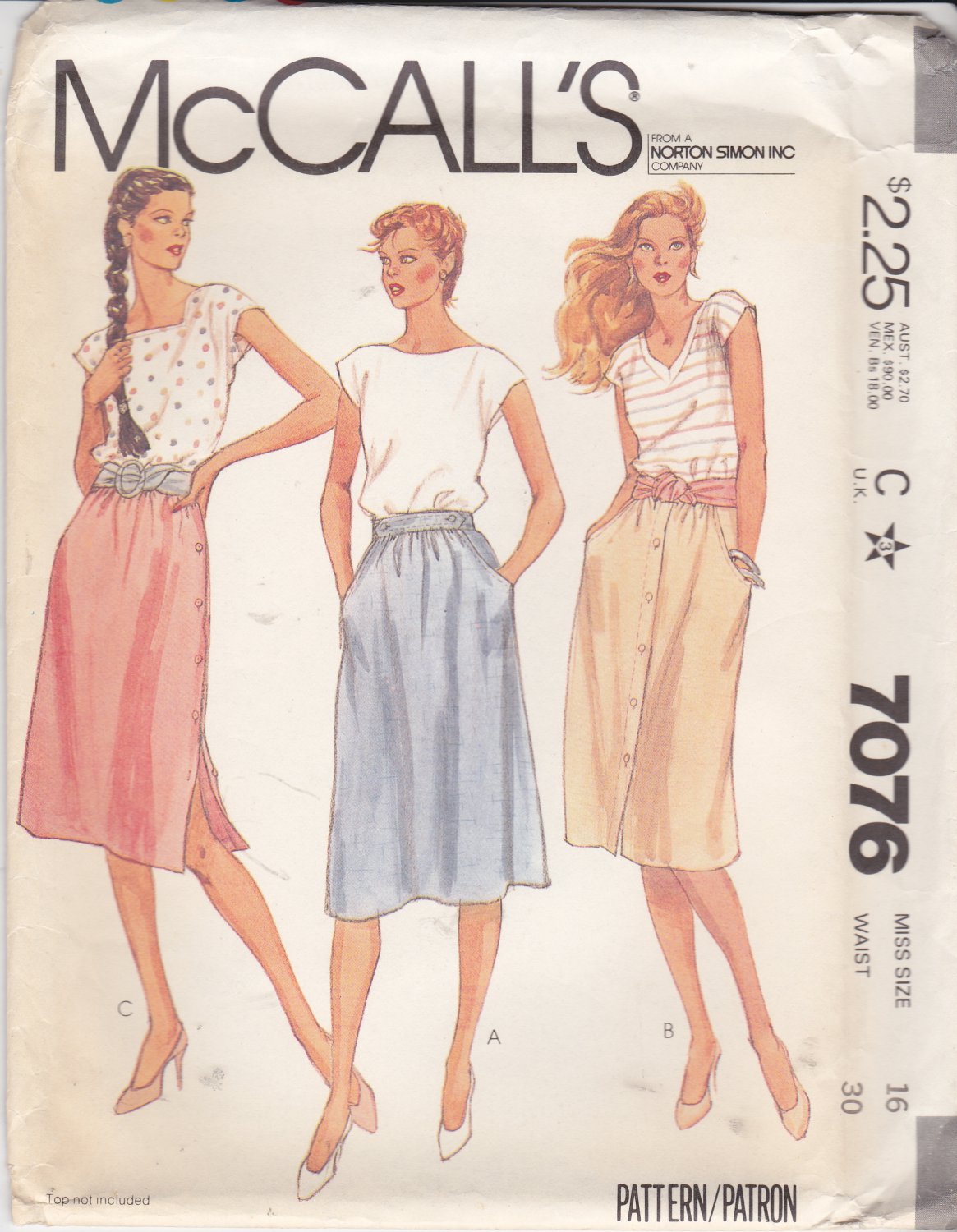 McCall’s Sewing Pattern 7076 Misses Size 16 Classic Softly Gathered Skirts Side Front Button