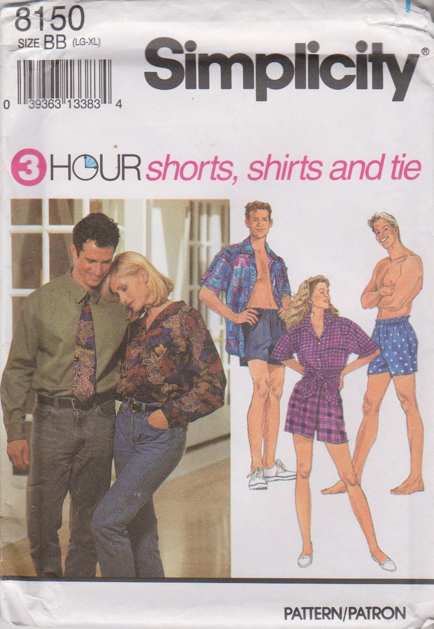 Simplicity Sewing Pattern 8150 Misses Mens Unisex Chest Size 42-48" Shorts Button Front Shirt Tie