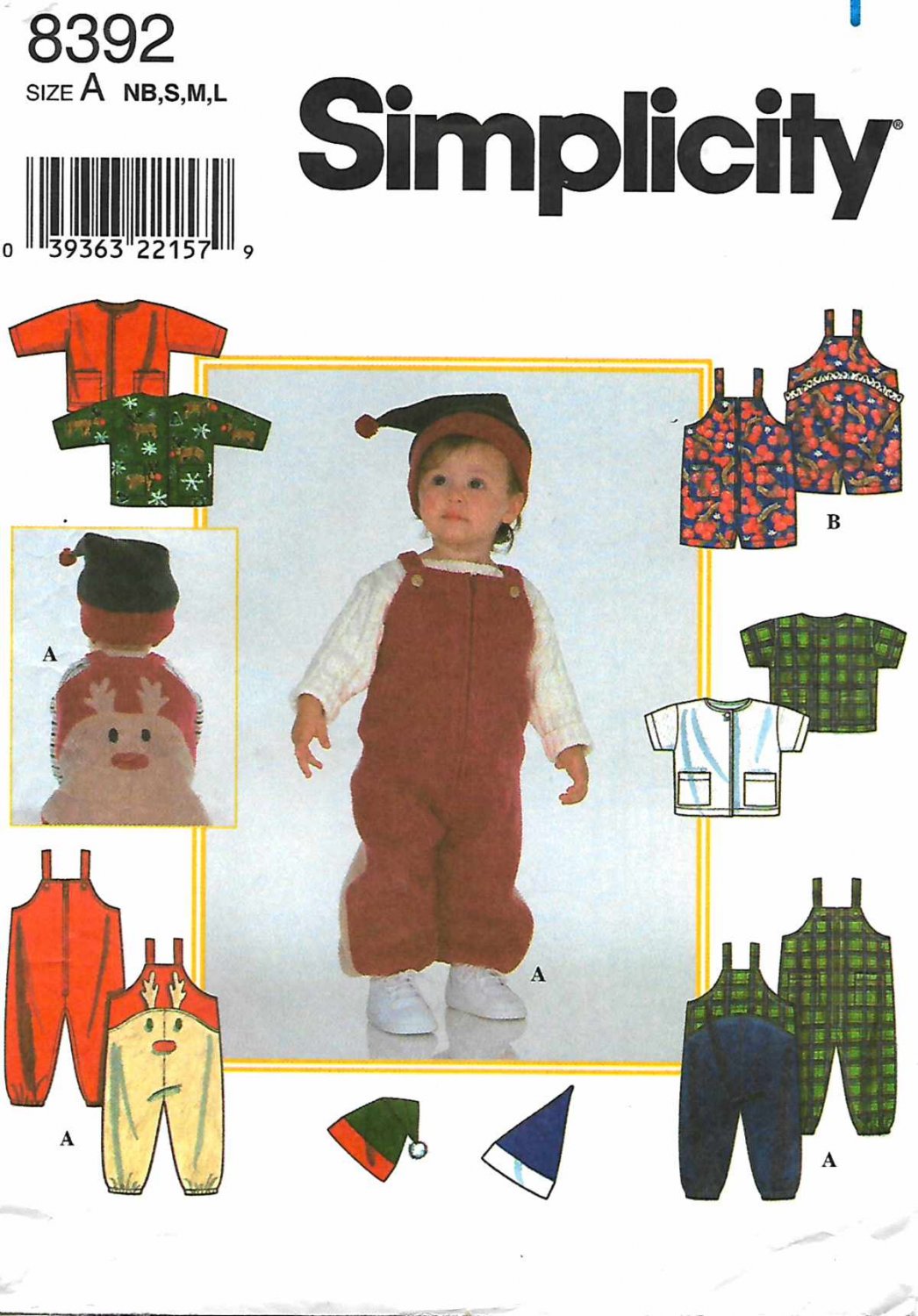 Simplicity Sewing Pattern 8392 Babies Sizes NB-L Romper Jacket Knit Hat Reindeer Overalls