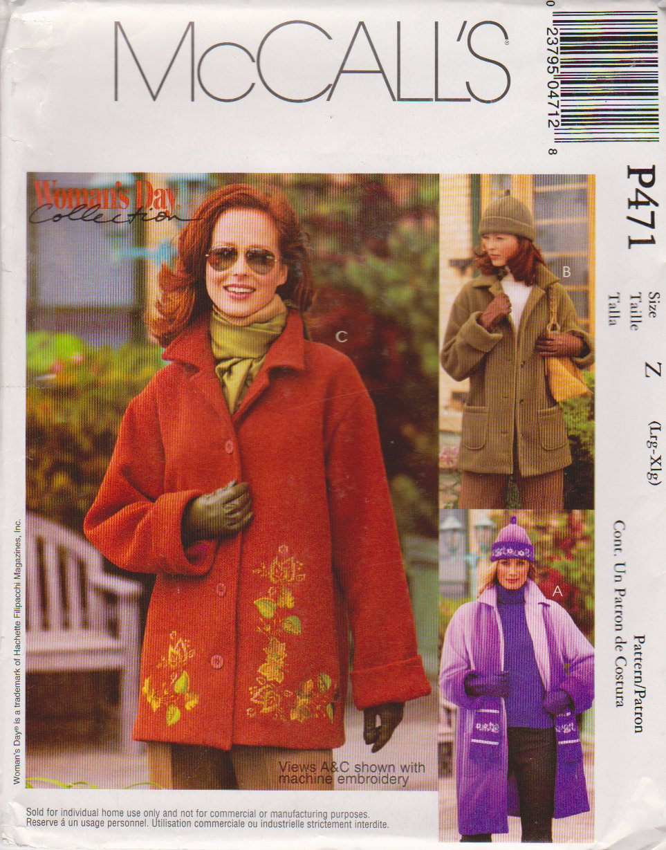 McCall's Sewing Pattern 471 3788 Misses Size 16-22 Fleece Button Front Embroidered Jacket Hat Scarf