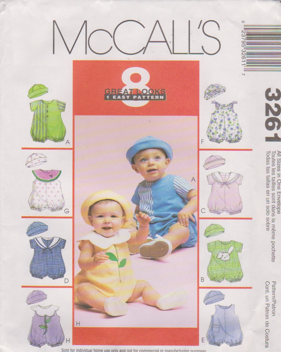 McCall's Sewing Pattern 3261 M3261 Baby Infant Size 13-24# 25-32" Easy Rompers Hats
