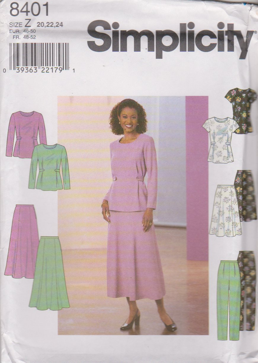Simplicity Sewing Pattern 8401 Misses Size 20-22-24 Pullover top Flared Skirt Long Pants
