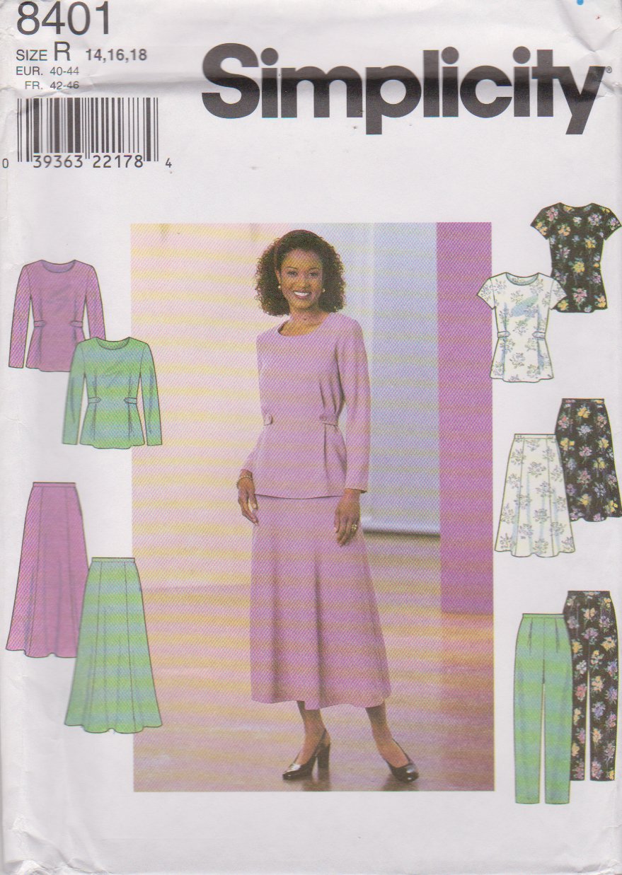 Simplicity Sewing Pattern 8401 Misses Size 14-16-18 Pullover Top Flared Skirt Long Pants