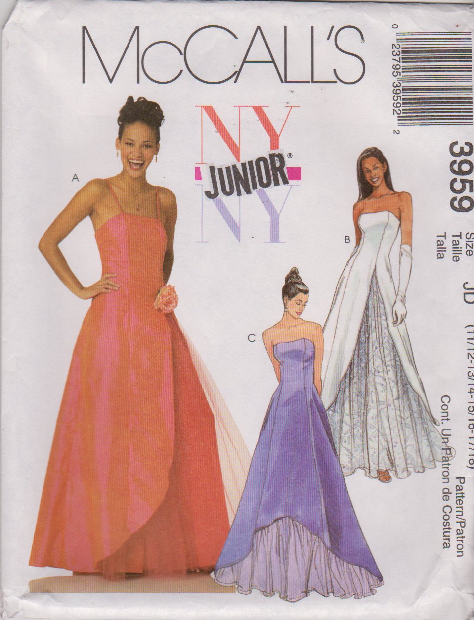 McCall's Sewing Pattern 3959 Junior Size 11/12-17/18 Formal Evening Prom Quinceanera Dress