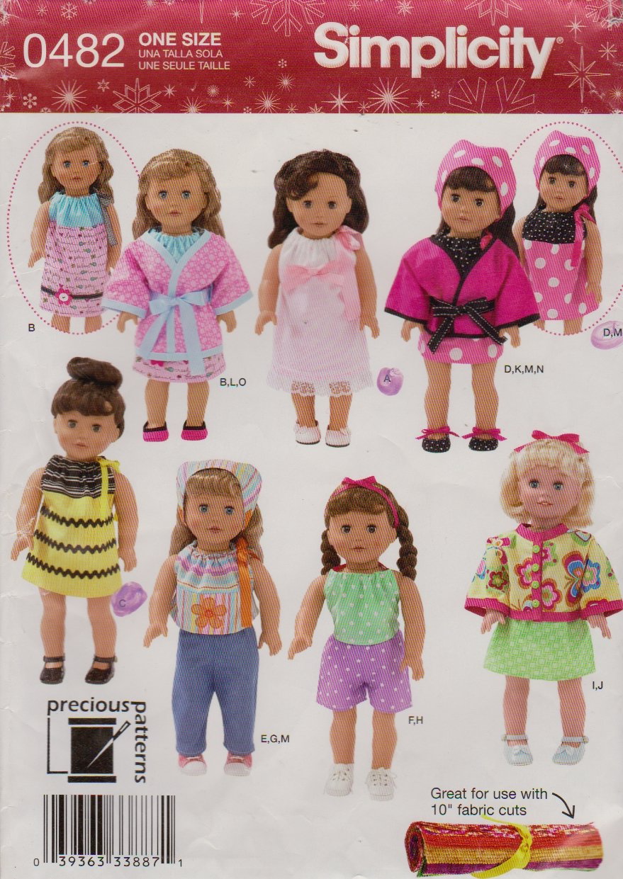 Simplicity Sewing Pattern 0482 2302 18" Doll Clothes Dress Top Shorts Pants Jacket Robe Scarf Shoes