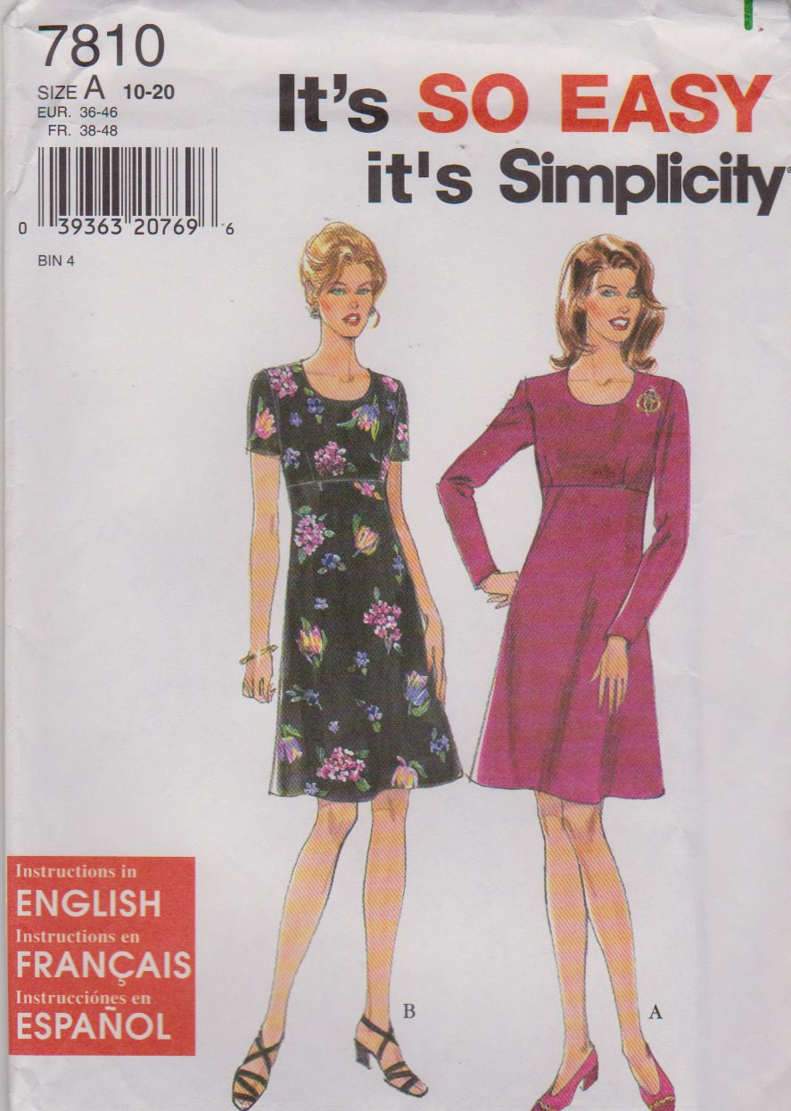 Simplicity Sewing Pattern 7810 Misses Size 10-20 Easy Raised Empire Waist Dress Sleeve Options