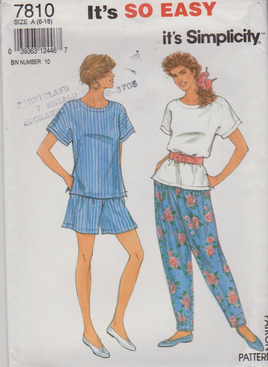 Simplicity Sewing Pattern 7810 Misses Sizes 6-18 Easy Pullover Top Shorts Pants