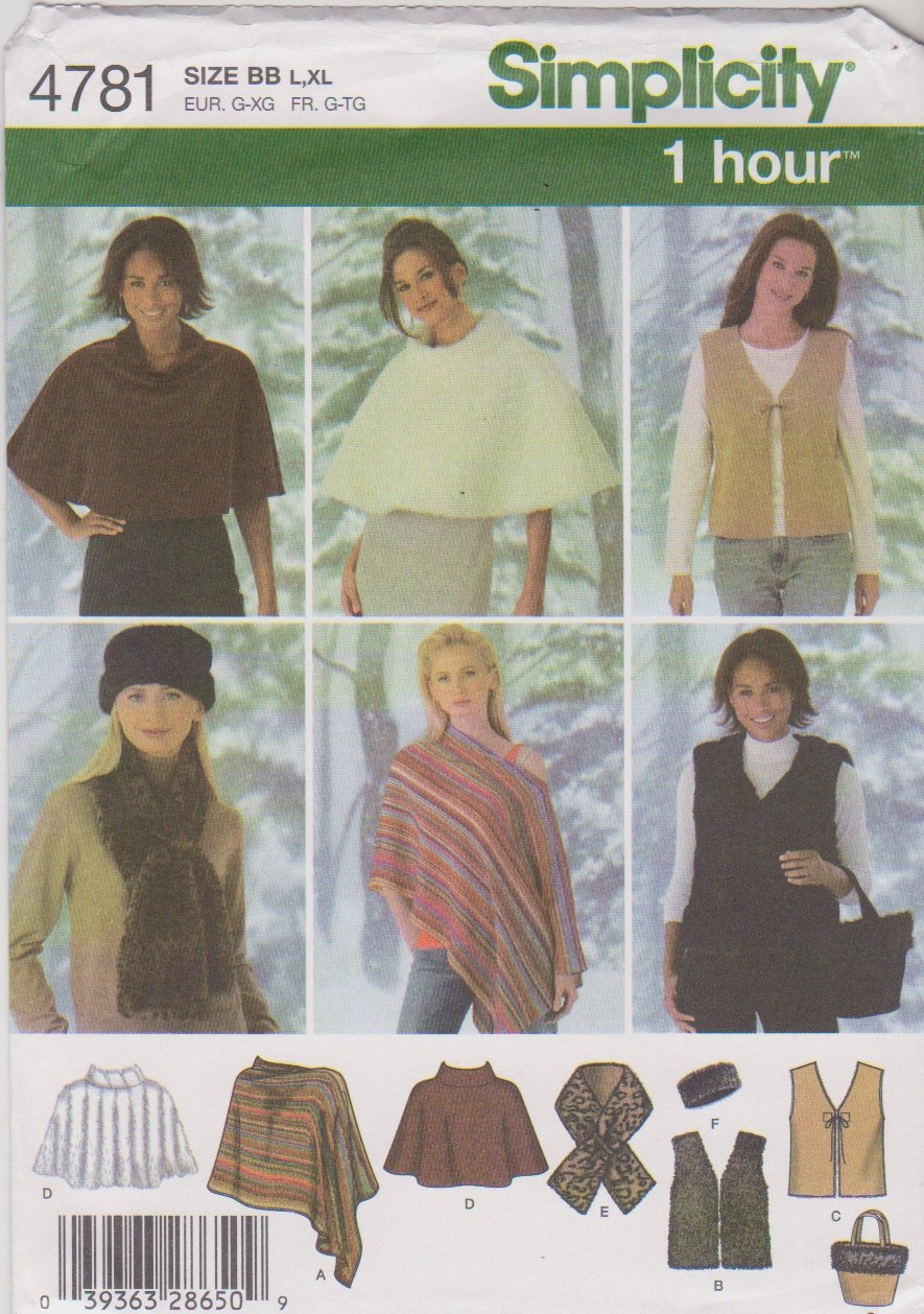 Simplicity Sewing Pattern 4781 0540 Misses Size 18-24 Ponchos Vest Scarf Head Band Bag
