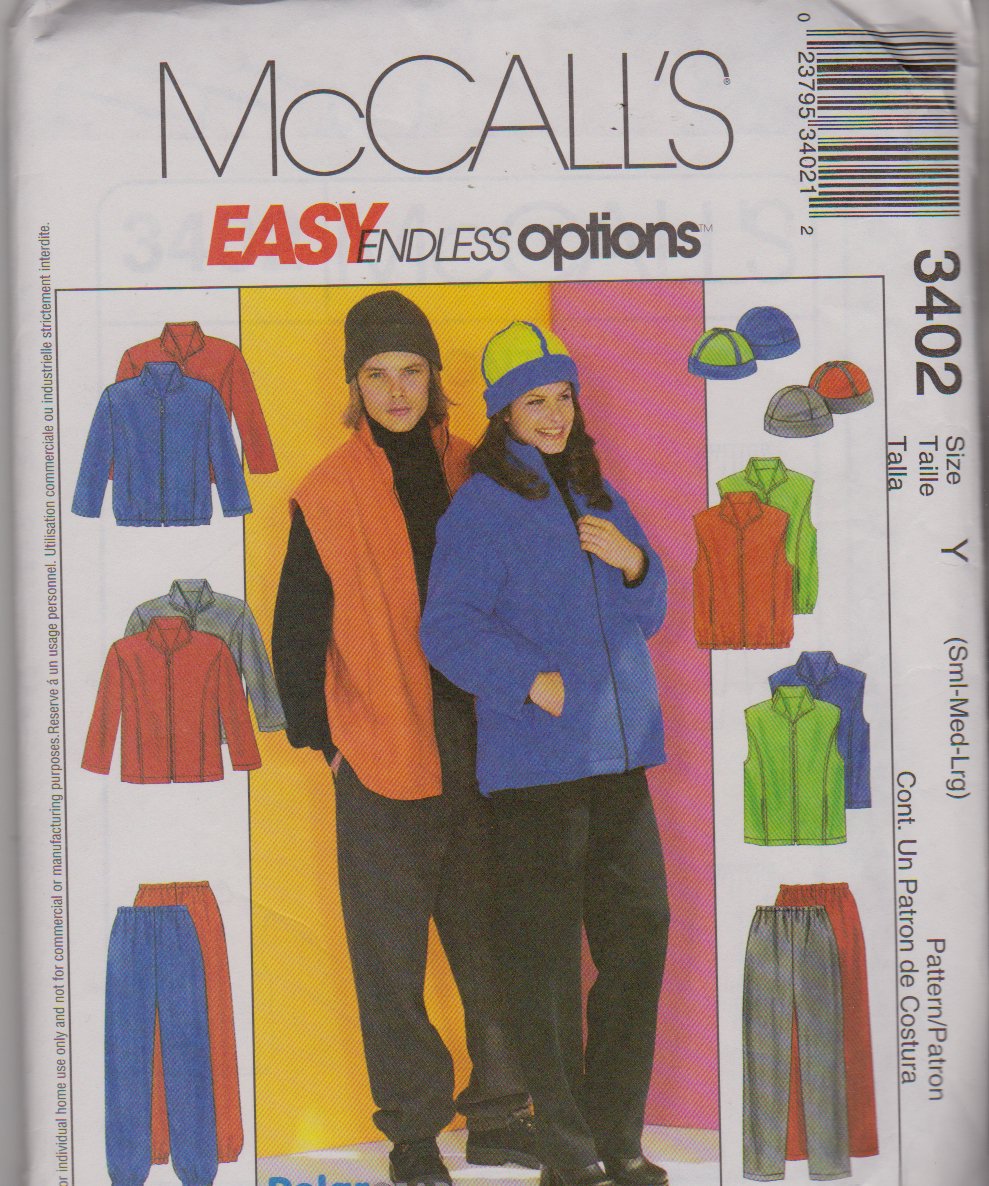 McCall's Sewing Pattern 3402 M3402 Misses Mens Chest Size 31 1/2 - 40" Easy Jacket Vest Pants Hat