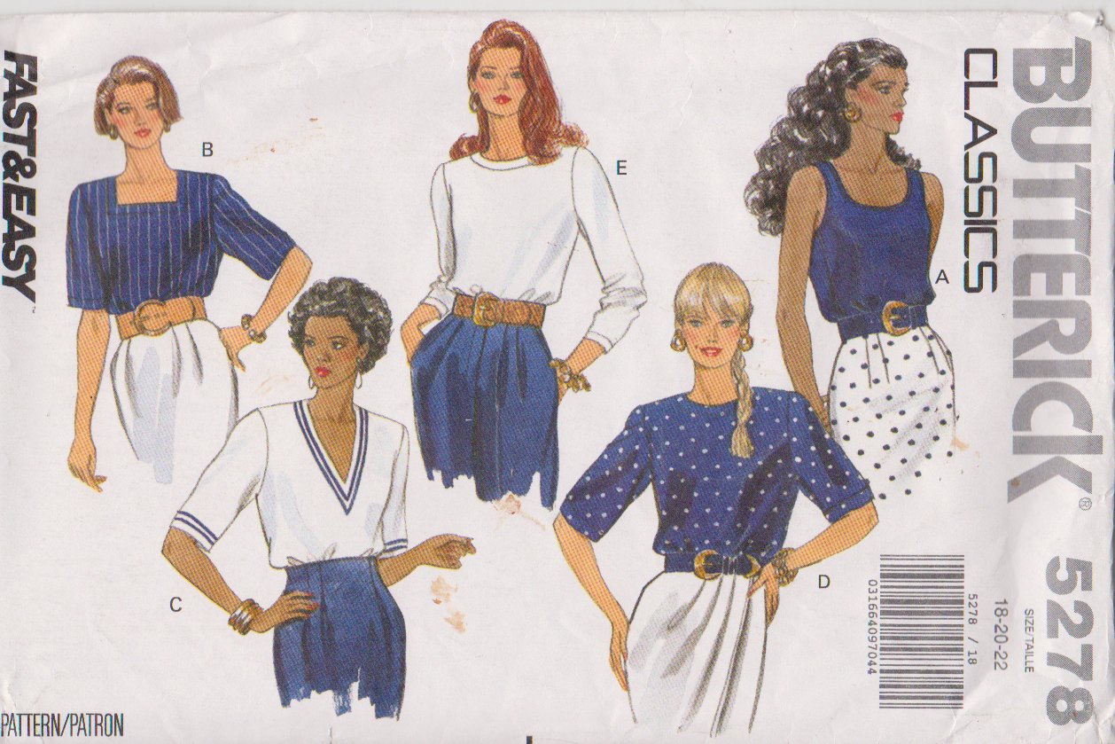 Butterick Sewing Pattern 5278 B5278 Misses Size 18-22 Easy Classic Pullover Tops Sleeve Neck Options