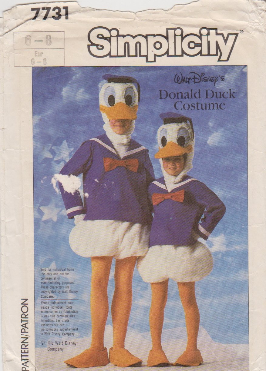 Simplicity Sewing Pattern 7731 Childs Size 6-8 Walt Disney Donald Duck Costume