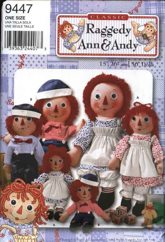 Simplicity Sewing Pattern 9447 Classic Raggedy Ann & Andy 15" 26" 36" Dolls and Clothes
