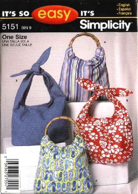 Simplicity Sewing Pattern 5151 Fashion Accessories Hobo Bag Purse Tote