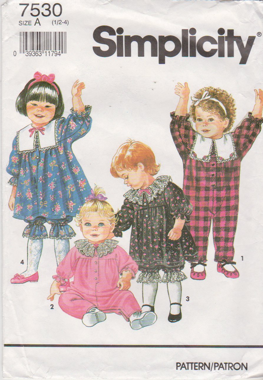 Simplicity Sewing Pattern 7530 Toddler Girl's Size 1/2 - 4 Dress Jumpsuit Pantaloons Romper