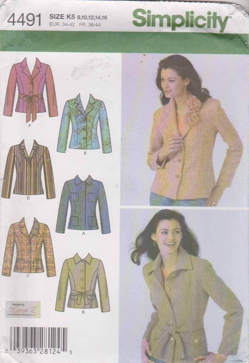 Simplicity Sewing Pattern 4491 Misses Size 8-16 Lined Front Button Jacket Blazer