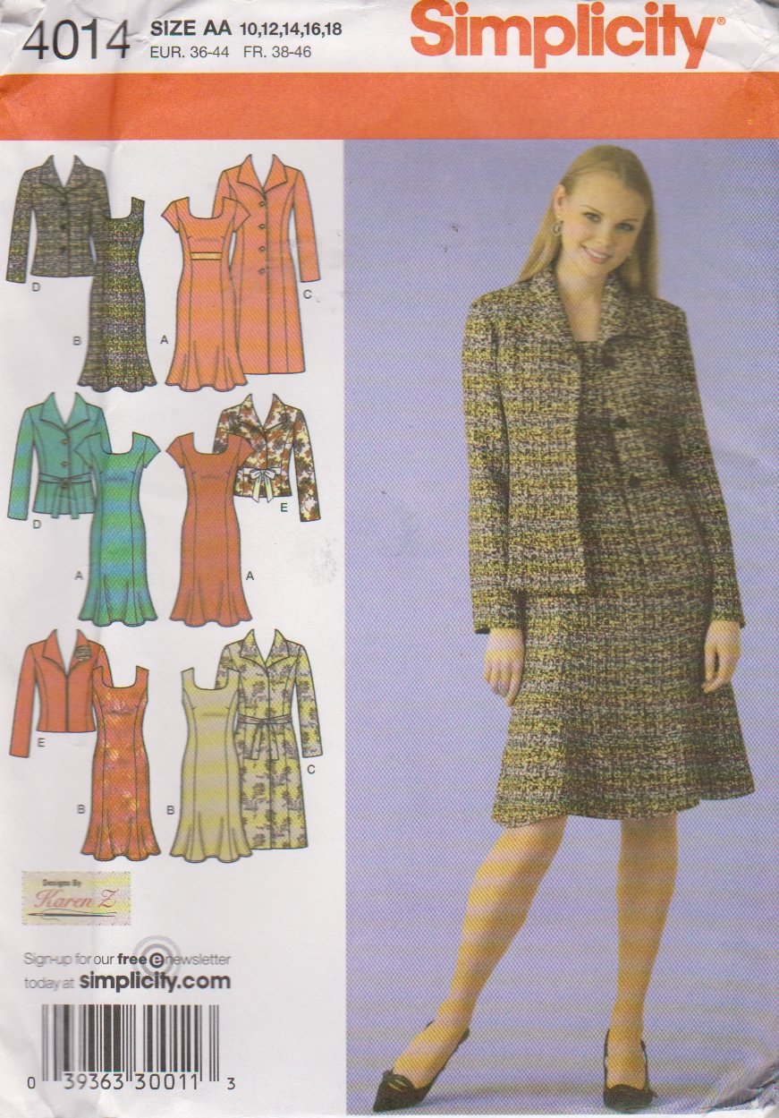 Simplicity Sewing Pattern 4014 Misses Size 10-18 Princess Seam Dress Long Sleeve Coat Jacket