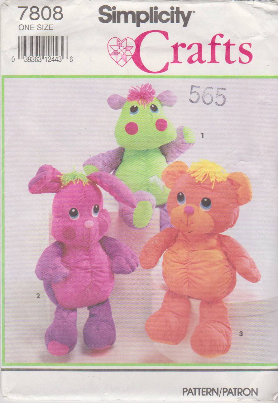 Simplicity Sewing Pattern 7808 Cuddly Bear Bunny Hippo