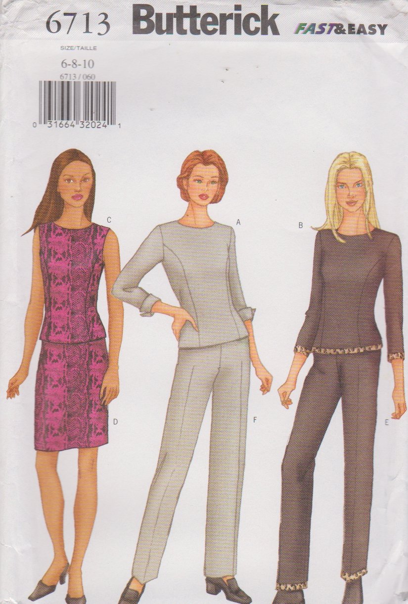 Butterick Sewing Pattern 6713 B6713 Misses Size 6-10 Easy Top Skirt Pants