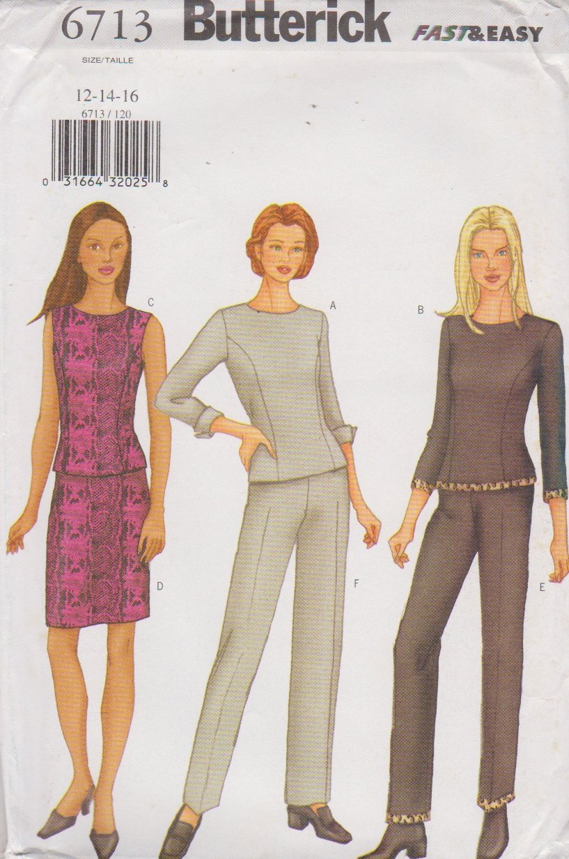 Butterick Sewing Pattern 6713 B6713 Misses Size 12-16 Easy Top Skirt Pants