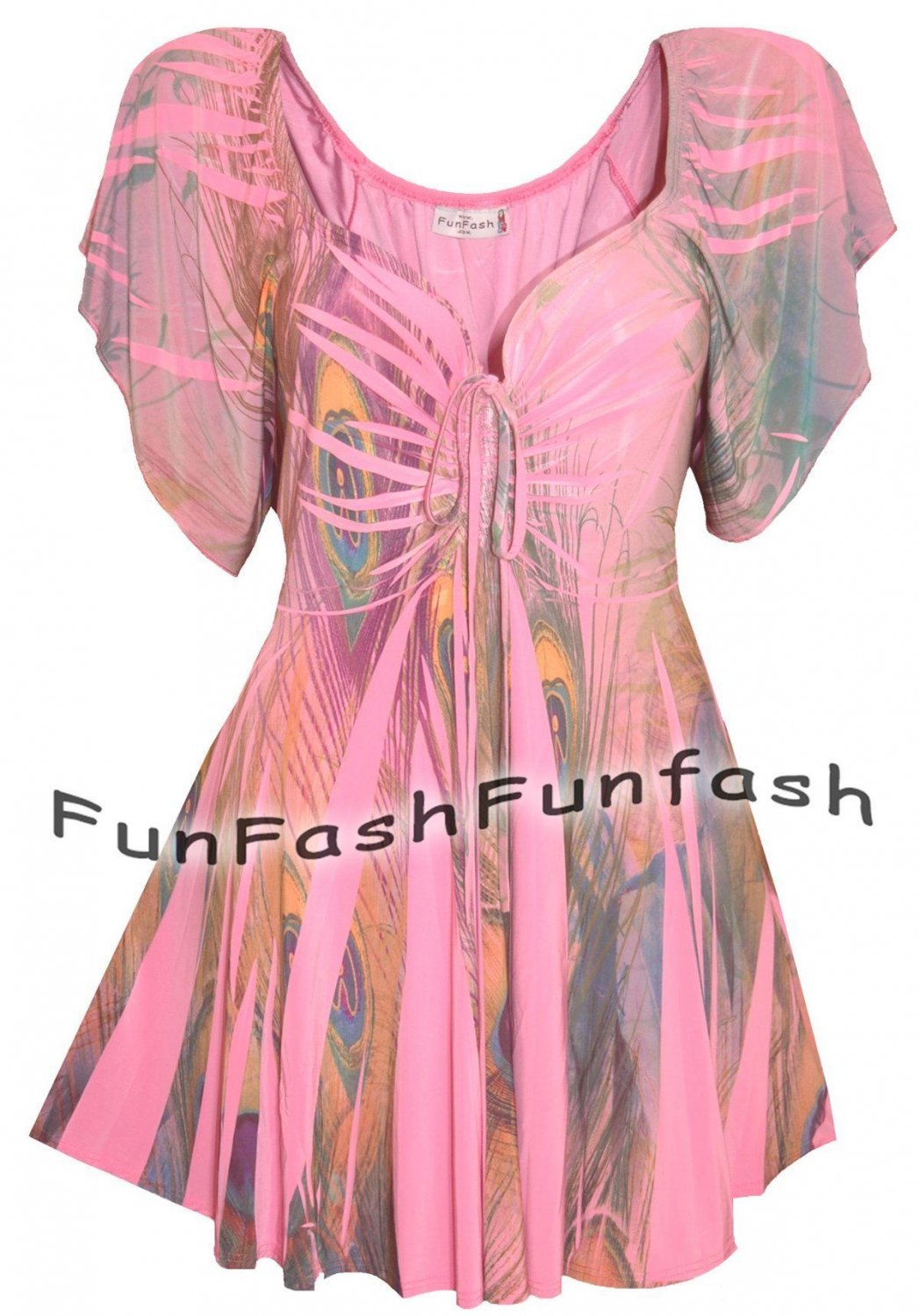 HE3 FUNFASH WOMENS PLUS SIZE TOP PINK PEACOCK EMPIRE WAIST SHIRT BLOUSE 2X 22 24