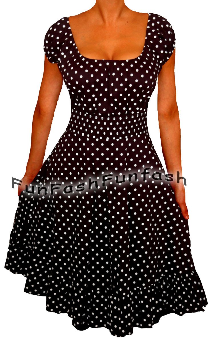 QI1 FUNFASH BLACK WHITE POLKA DOTS ROCKABILLY PEASANT DRESS Plus Size 1X XL 16