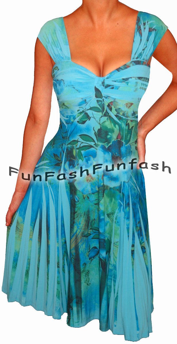 QN3 FUNFASH BLUE FLORAL SLIMMING EMPIRE WAIST COCKTAIL PLUS SIZE DRESS 2X 22 24