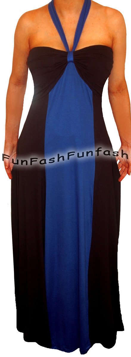 FX3 FUNFASH NEW BLUE BLACK COLOR BLOCK HALTER LONG MAXI PLUS SIZE DRESS 2X 22 24