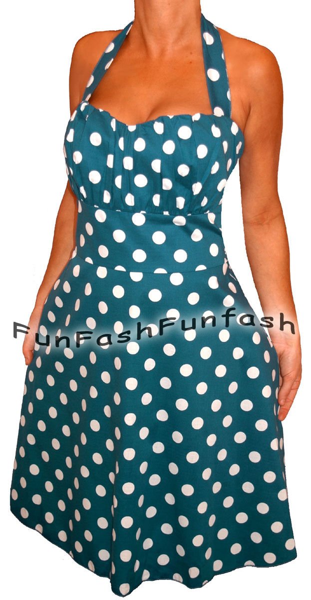VZ3 FUNFASH NEW BLUE WHITE POLKA DOTS ROCKABILLY HALTER PLUS SIZE DRESS 2X 22 24